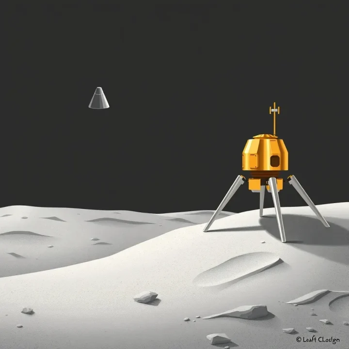 Ilustração editorial de um módulo de pouso robótico em ouro e prata dentro de uma cratera lunar cinzenta, com um módulo de comando em órbita contra um horizonte escuro.