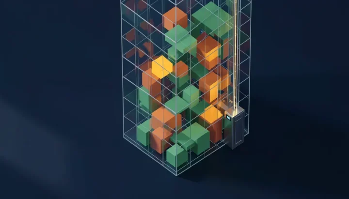 Ilustración editorial isométrica de un rascacielos de simulación de cristal translúcido con bloques brillantes en tonos ámbar y verde sobre un fondo azul marino oscuro.