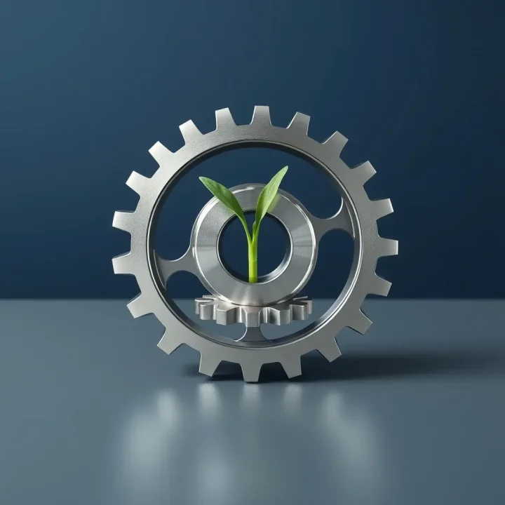 Uma engrenagem de prata polida em uma superfície escura com um broto de planta verde crescendo entre seus dentes contra um fundo azul-escuro.