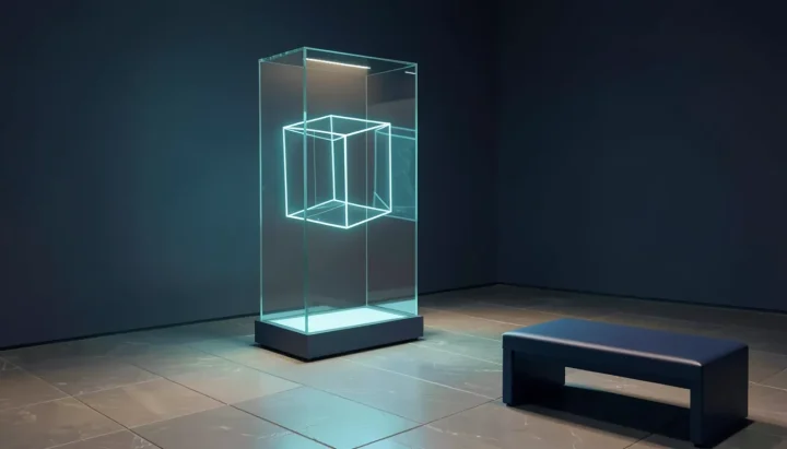 Um cubo translúcido em wireframe ciano brilhante suspenso dentro de um pedestal de exibição de vidro transparente em uma galeria de museu moderna e vazia, com paredes azul-marinho escuras e piso de azulejos polidos.