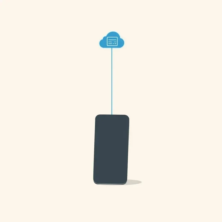 Ilustración minimalista de un teléfono inteligente gris oscuro con una línea azul brillante que lo conecta con un icono de servidor flotante, símbolo de flujos de trabajo agénticos alojados en la nube.