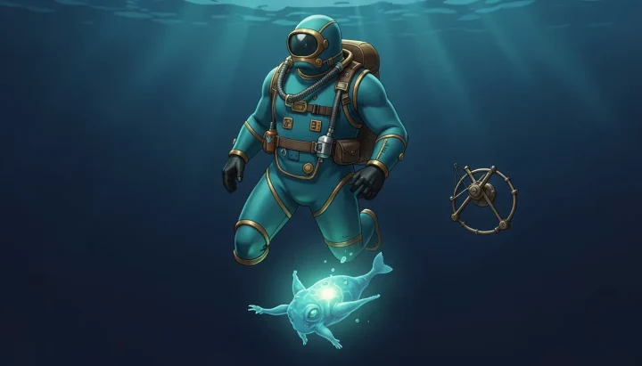An editorial illustration featuring a teal and brass deep-sea diving suit hovering over a glowing cyan alien sea creature in deep navy blue water.