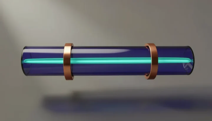 A central frosted indigo glass conduit with polished copper rings guiding a stream of teal light against a matte grey background.