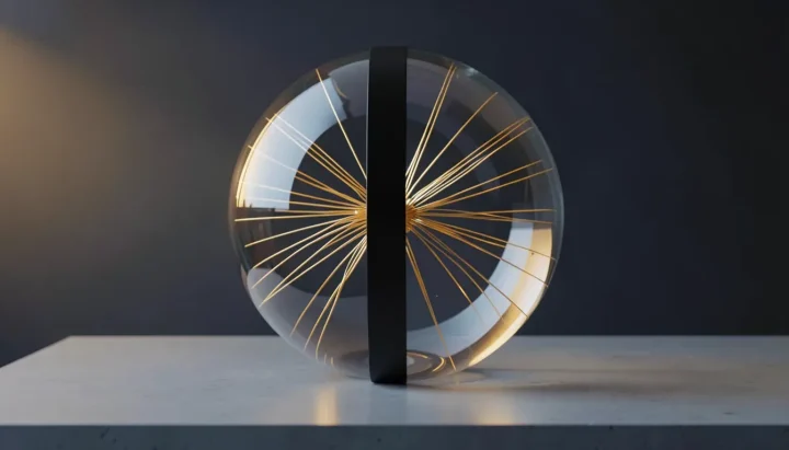 An editorial illustration featuring a glass sphere containing golden filaments severed by a dark divider on a stone table.