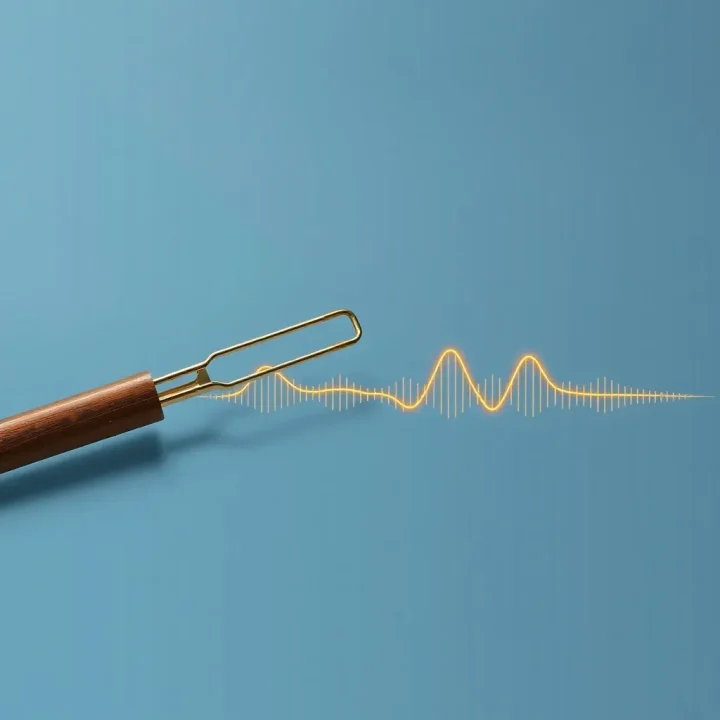 Eine redaktionelle Illustration einer akustischen Stimmgabel neben einer digitalen Soundwelle vor einem sanften Farbverlauf.