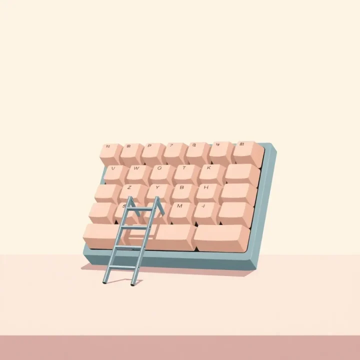 Une échelle miniature appuyée contre une touche d'ordinateur géante aux couleurs pastel sur une surface plane.