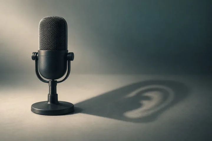 Ilustração editorial de um microfone de estúdio cuja sombra tem o formato de uma orelha humana, representando uma IA de áudio que interpreta os sinais da fala.