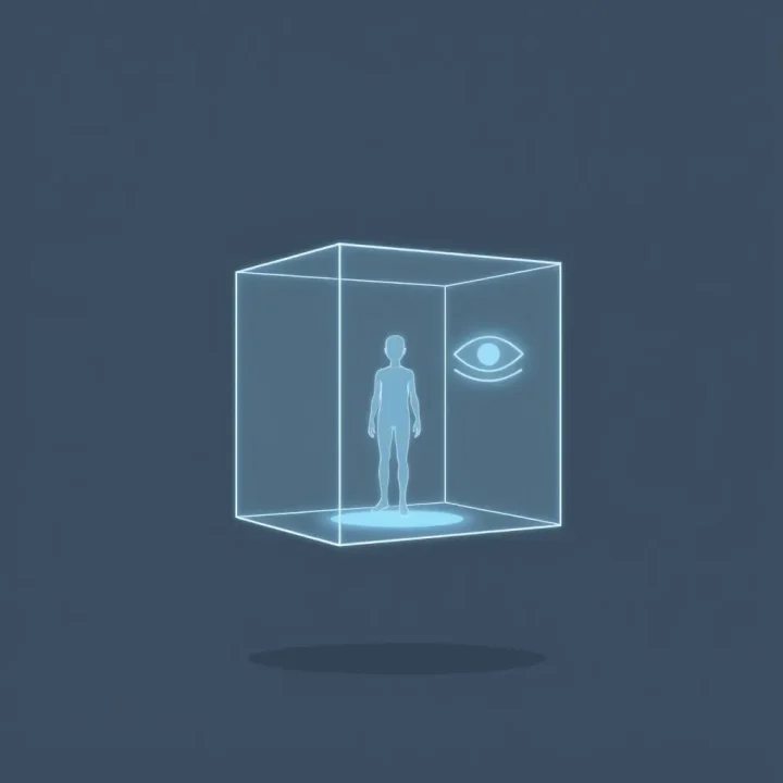 Editorial illustration of an abstract AI agent contained inside a translucent sandbox cube while a monitoring symbol watches from outside.