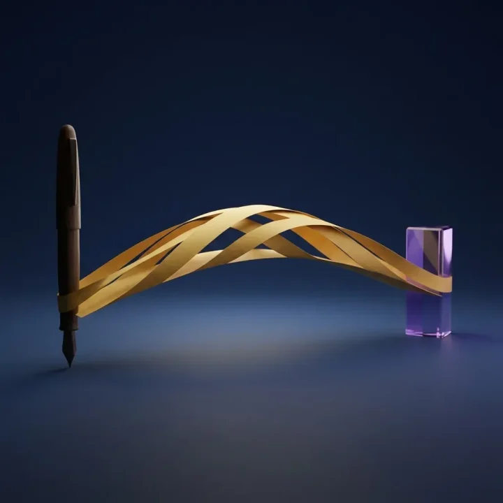 A conceptual illustration featuring a woven golden paper bridge stretching between a wooden fountain pen and a violet glass prism against a dark navy background.