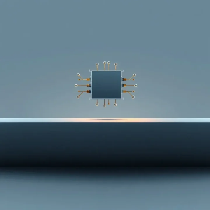 Illustration éditoriale minimaliste d'un nœud métallique élégant flottant au-dessus d'une surface mate avec un éclairage ambiant doux.