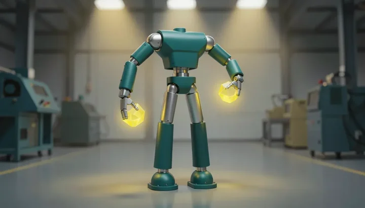 Ilustración editorial de un robot industrial de dos brazos fabricado en material compuesto verde azulado y aluminio plateado en la planta de una fábrica desenfocada.