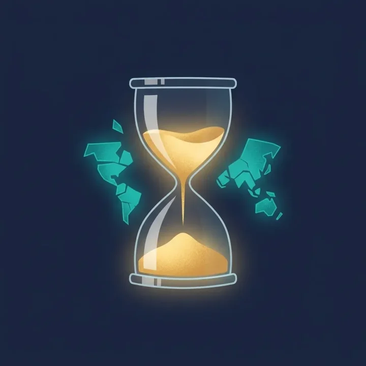 Editorial illustration featuring a clear hourglass with golden sand surrounded by glowing teal map fragments over a deep navy background.
