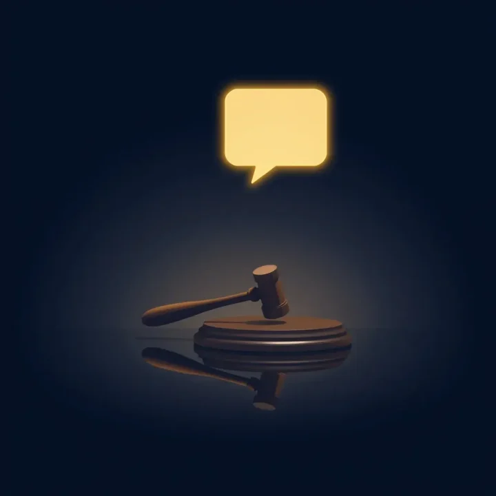 Conceptual illustration showing a glowing speech bubble suspended above a wooden gavel on a dark reflective table.