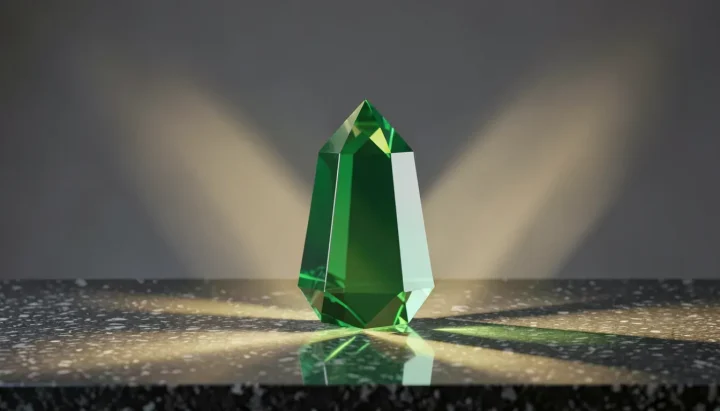 Una ilustración editorial pulcra que muestra un prisma de cristal verde esmeralda sobre una superficie de granito oscuro, refractando luz dorada en cálidos rayos a través del fondo.