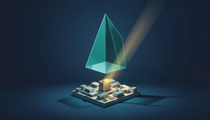 An editorial vector illustration featuring a central floating teal glass prism refracting light onto a miniature architectural complex against a dark navy blue background.