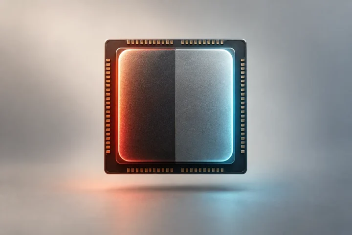 Editorial illustration of one smartphone processor chip split between warm high performance and cool energy efficiency.