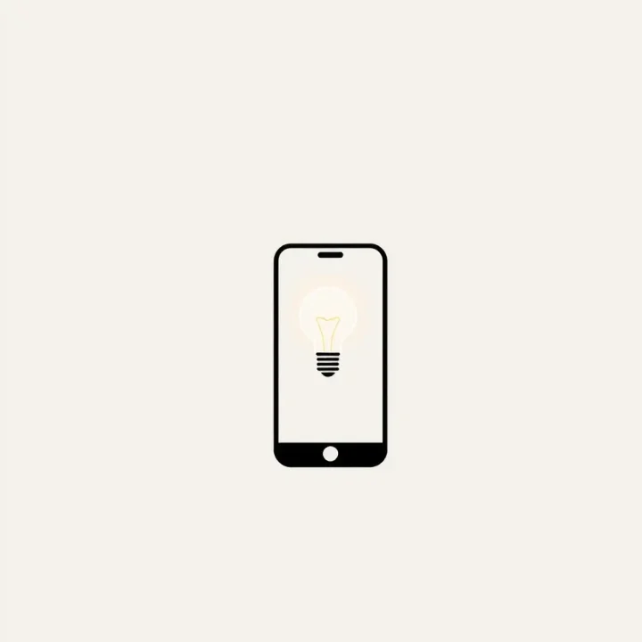 Eine minimalistische, leuchtende Glühbirne, die in den Umriss eines Mobiltelefons integriert ist, vor einem neutralen Hintergrund.