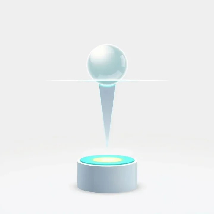 Una barrera de vidrio translúcido que desciende entre una esfera geométrica brillante y un pedestal elegante sobre un fondo de degradado suave.