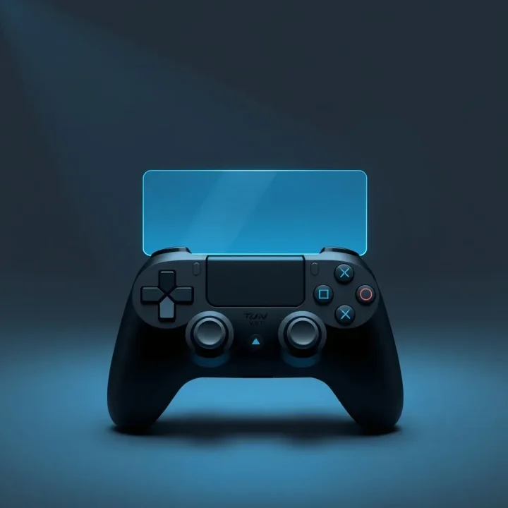 A matte black game controller structure with cyan light strips positioned in front of a floating translucent glass panel in a dark studio backdrop.