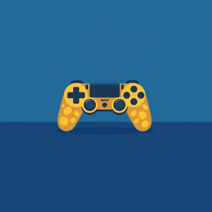 Minimalistische Illustration eines Gamecontrollers, der aus leuchtenden goldenen Münzen auf einer dunklen Oberfläche geformt ist.
