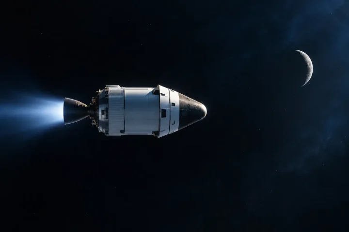 A single spacecraft travels through deep space in side silhouette, with a small crescent Moon distant behind it against a softly blurred dark blue-black background.