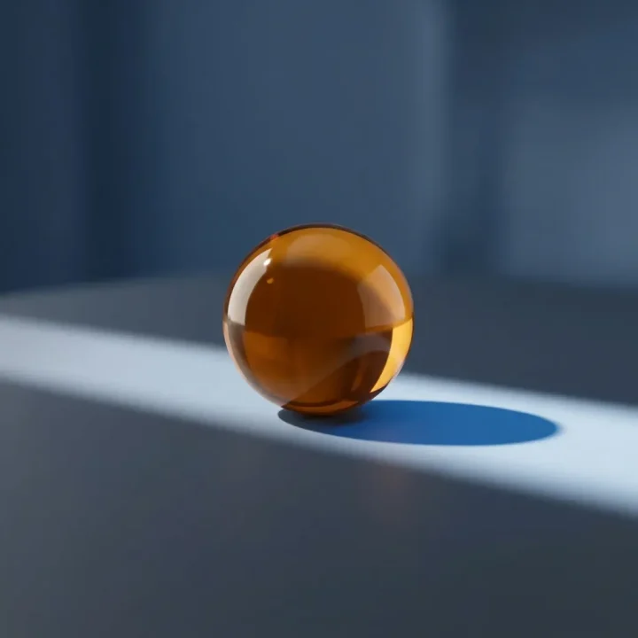 Eine polierte bernsteinfarbene Glaskugel ruht auf einer dunklen schiefergrauen Oberfläche, während kühles, klares Licht einen blauen Schatten auf einen verschwommenen dunkelblauen Hintergrund wirft.