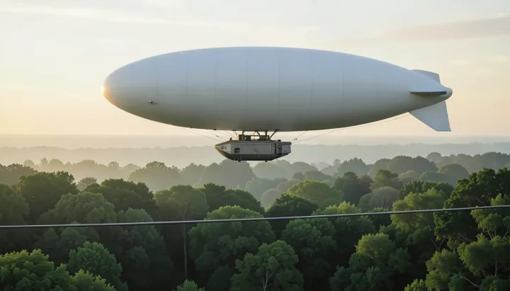 A sleek hydrogen airship hovers above a forest canopy and a power line under a pale morning sky.