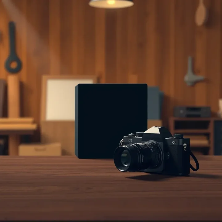 Uma ilustração editorial mostrando uma câmera fotográfica preta sobre uma mesa de madeira teca ao lado de um cubo geométrico preto fosco iluminado por uma luz superior quente.