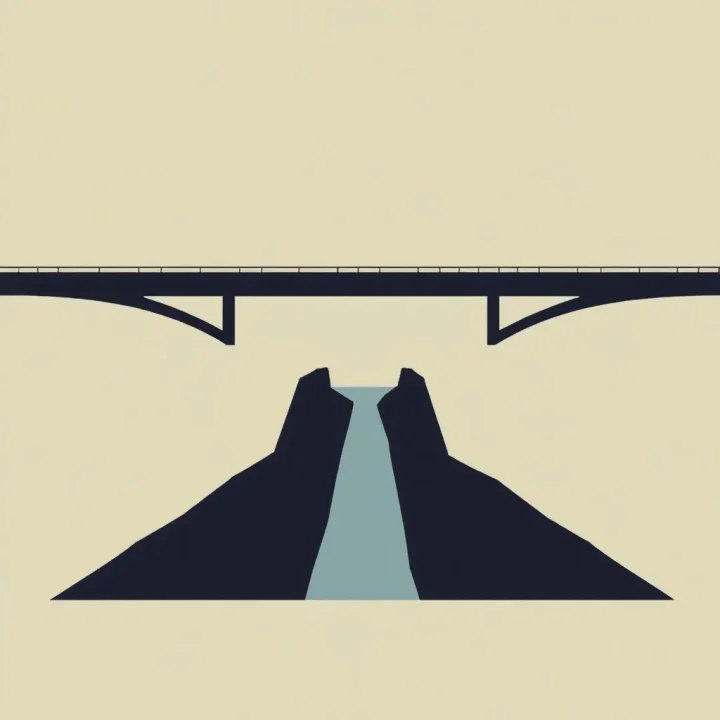 A minimalist geometric illustration of a bridge spanning a canyon, highlighting structural design and balance.