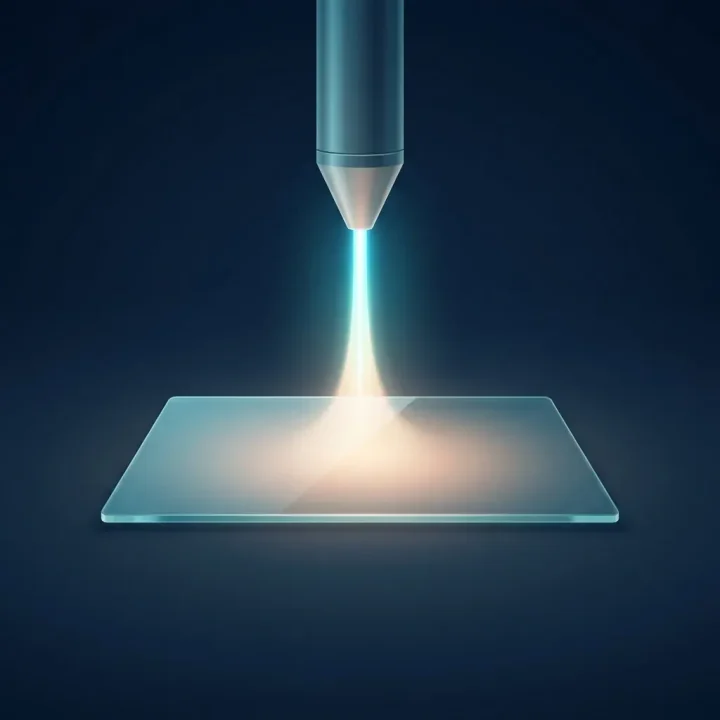 Ein minimalistisches Glasdisplay, das von einer präzisen, lichtemittierenden Düse auf dunklem Hintergrund beleuchtet wird.