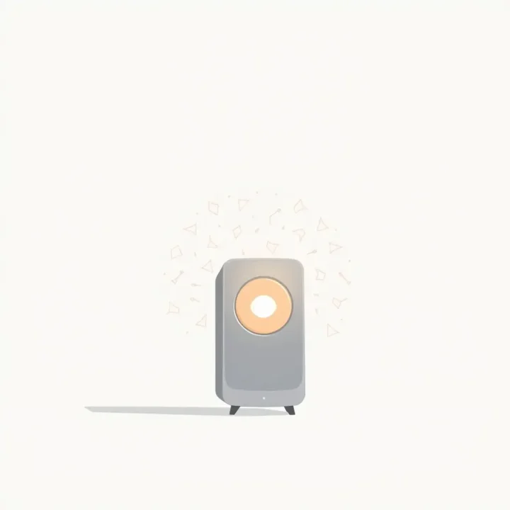 An abstract representation of a modern speaker dissolving into geometric particles that merge into a single smart home hub icon.