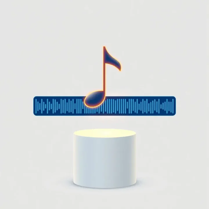 Una ilustración editorial minimalista que muestra una nota musical brillante combinándose con una barra de onda sonora digital sobre un pedestal contra un fondo desenfocado.