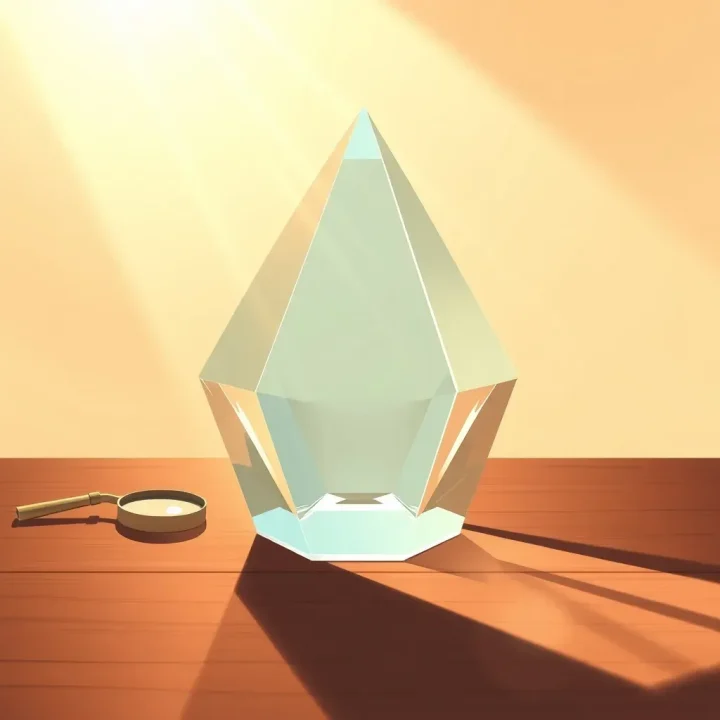 Une vaste illustration éditoriale montrant un prisme en verre lumineux réfractant la lumière entrante en faisceaux précis sur une table en bois sombre, à côté d'une petite loupe en laiton.