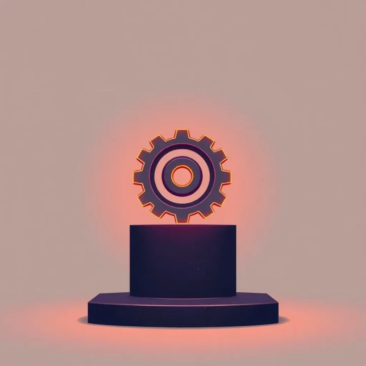 Una ilustración conceptual moderna que muestra un engranaje brillante diseñado a medida encajando en un pedestal oscuro de textura fina con iluminación atmosférica suave.