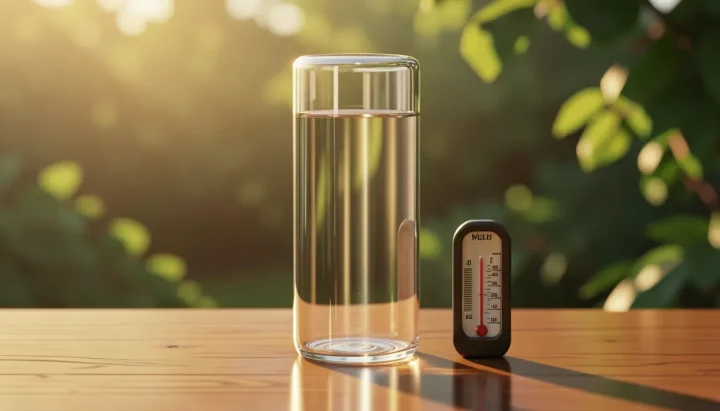 Un cylindre en verre scellé rempli de gaz transparent placé en extérieur sous un vif soleil, à côté d'un thermomètre en métal sombre resté à l'ombre.