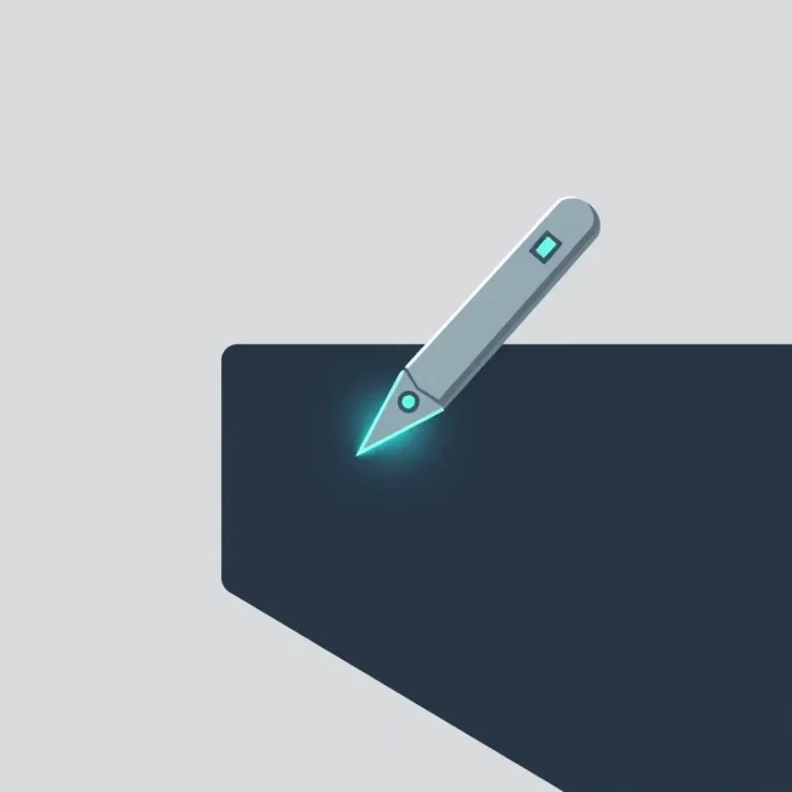 Un ciseau lumineux en forme de curseur creuse une rainure nette dans une dalle mate et sombre, représentant l’efficacité du développement assisté par IA.