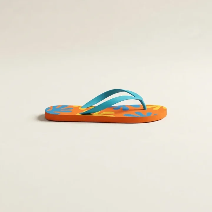 Una ilustración conceptual y minimalista que muestra una sola chancla retro de colores sobre un fondo neutro y despejado con sombras suaves.