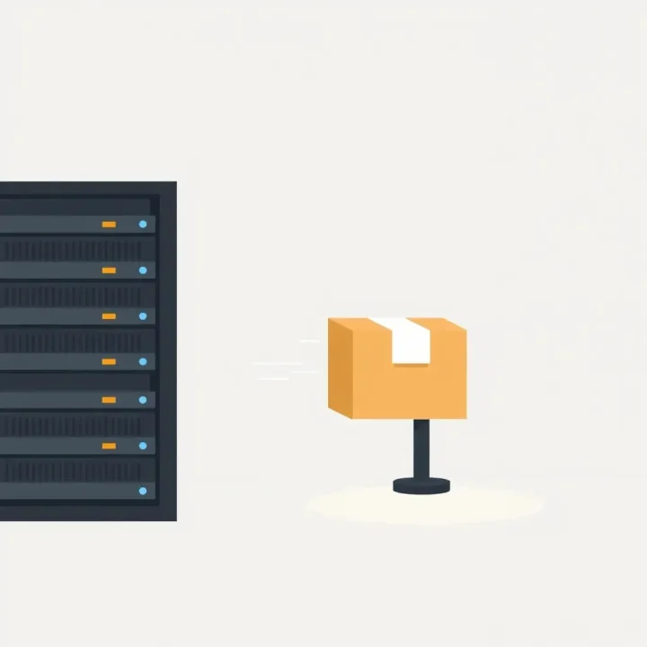 A sealed software parcel moving toward a dedicated server pedestal in a clean, restrained technical illustration.
