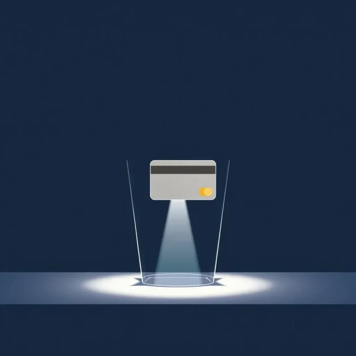 Minimalist illustration showing a digital credit card passing through a geometric glass prism that redirects a beam of light.