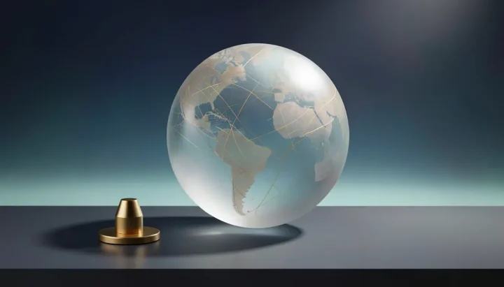 Redaktionelle Illustration einer teiltransparenten Weltkugel aus Mattglas mit eingewebten Goldfäden neben einem Messing-Kippschalter auf einer dunklen Schieferoberfläche.