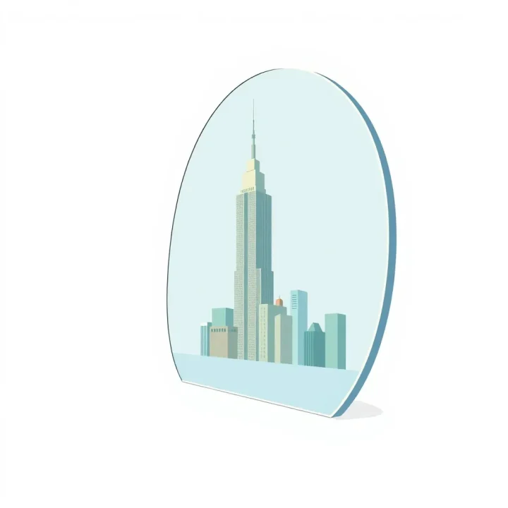 Une illustration éditoriale minimaliste montrant un miroir de palais des glaces déformant et exagérant la forme d'un immeuble urbain.