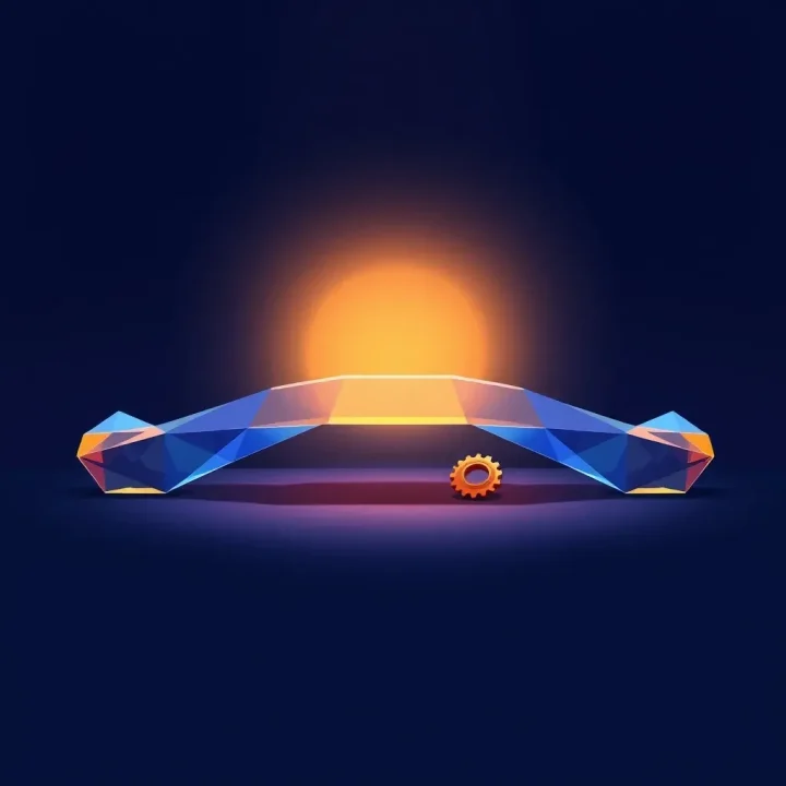 Eine redaktionelle Illustration zeigt eine leuchtende geometrische Glasbrücke über einem indigofarbenen Raum mit einem Bronzezahnrad am Rand.