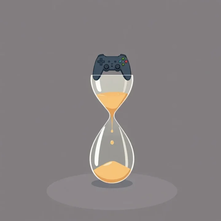 Eine minimalistische konzeptionelle Illustration eines Videospiel-Controllers, der auf einer asymmetrischen Sanduhr mit fließendem Sand balanciert.