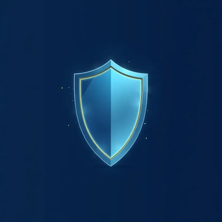 Um escudo metálico brilhante cercado por partículas luminosas em enxame sobre um fundo azul-escuro.
