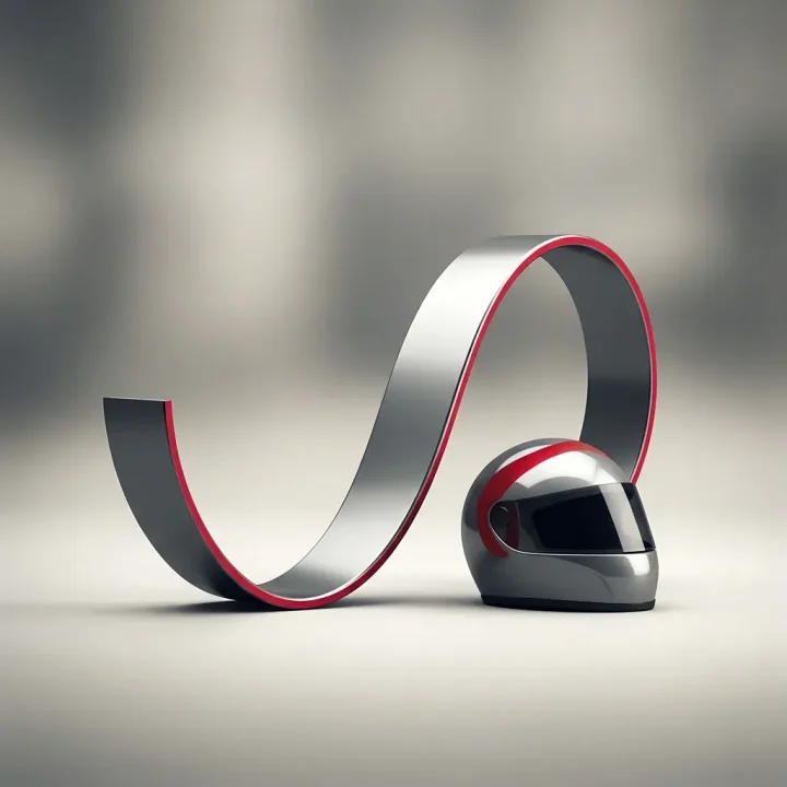 An editorial illustration of a metallic silver soundwave sweeping over a dark racing helmet on a blurred track background.