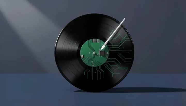Una ilustración editorial que muestra un disco de vinilo negro brillante cuya superficie se transforma en los trazos de un circuito impreso verde bajo una aguja plateada sobre un fondo azul marino.