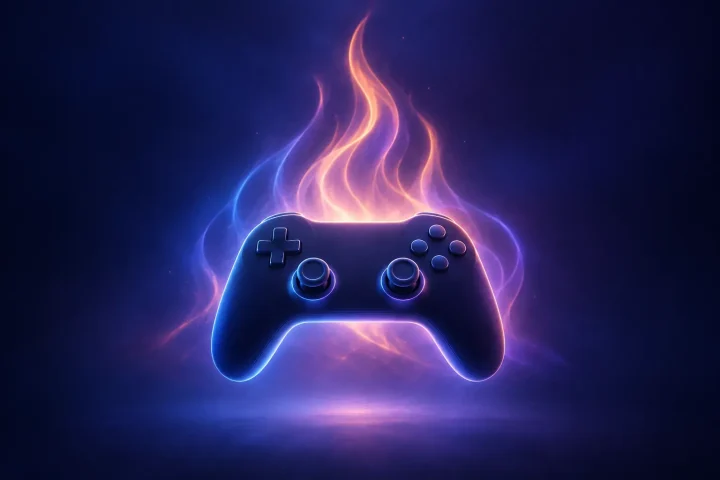 Un mando de videojuegos estilizado flota ante tenues estelas de luz con forma de hoguera, como símbolo de una partida cooperativa compartida.
