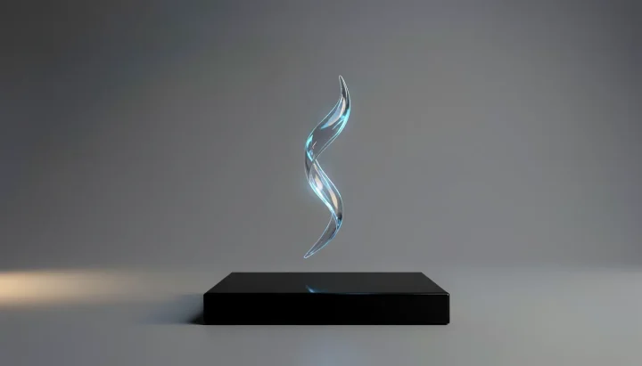 Illustration éditoriale minimaliste montrant un brin de verre luminescent bleu et argent en suspension au-dessus d'un socle d'obsidienne sombre.