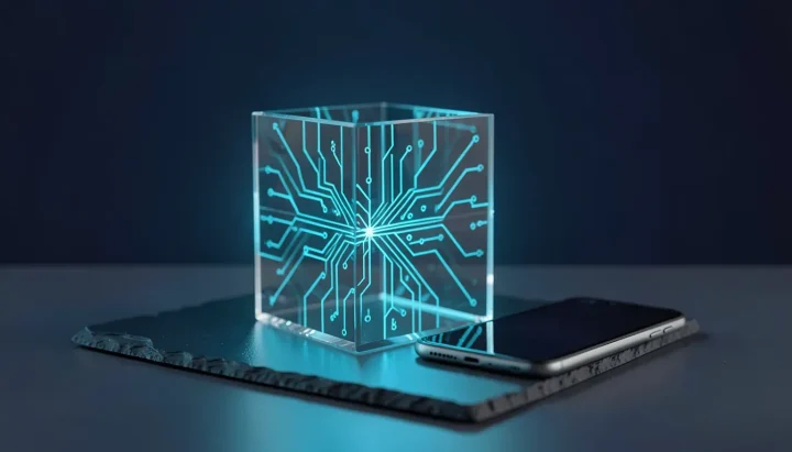 Illustration éditoriale mettant en scène un cube de verre lumineux doté de lignes de circuit cyan à côté d'un smartphone sombre posé sur une surface d'ardoise.