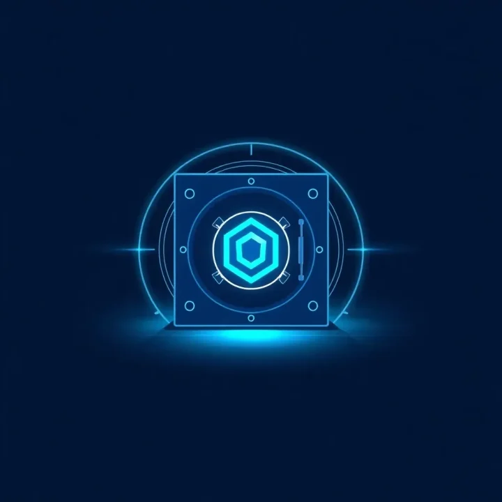 Uma ilustração vetorial minimalista apresentando um ícone de cofre geométrico luminoso emitindo brilho em tons suaves de ciano e índigo sobre um fundo azul-escuro.